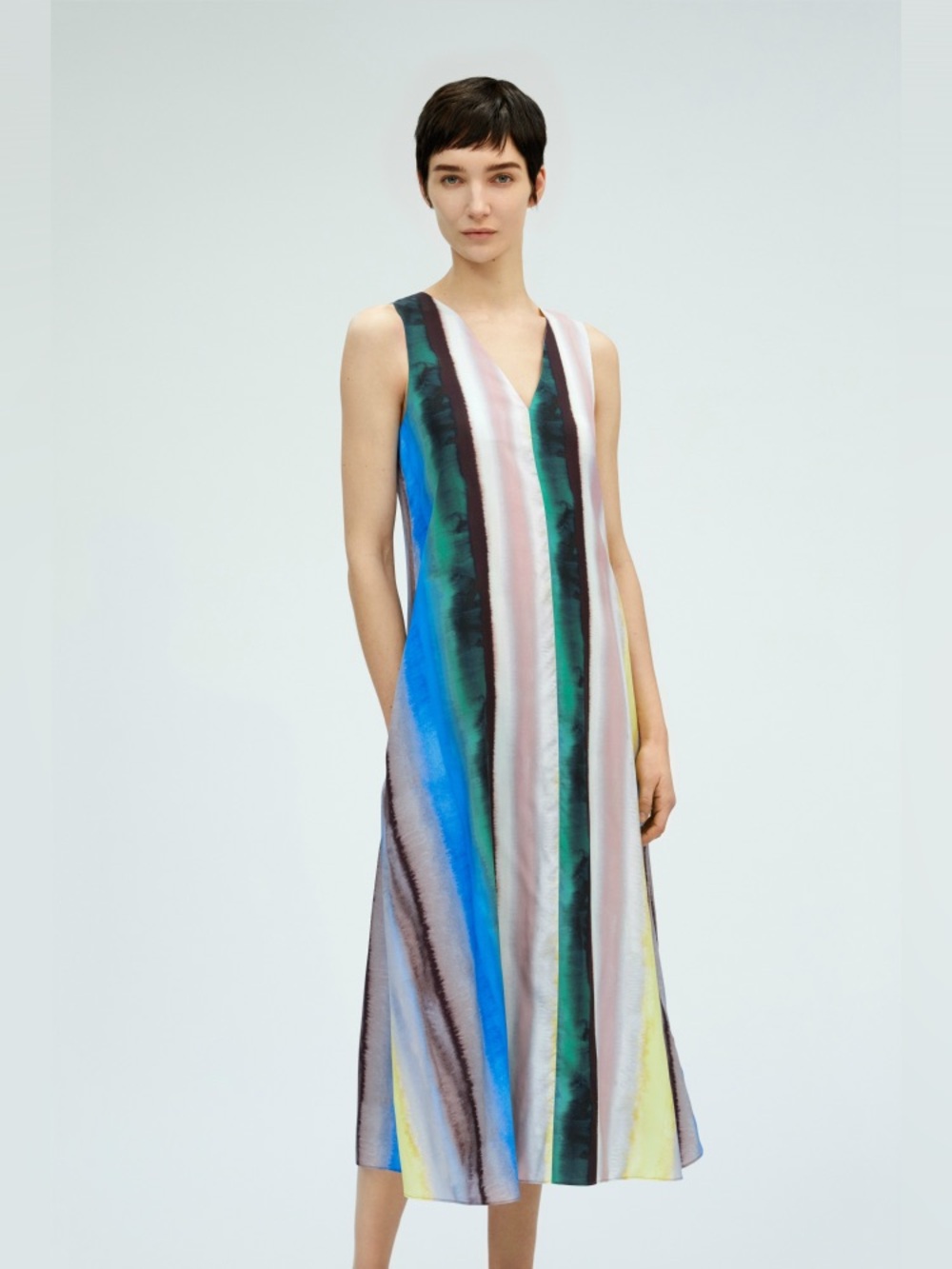COS Silk Blend Watercolor Stripe Midi Dress with Pockets US 14